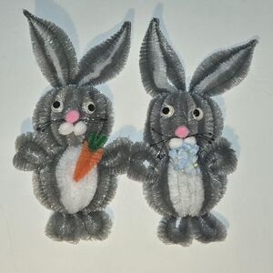 Vintage Hand-made Folk Art. Chenille Pipe Cleaner Magnet Mr,Mrs Bunny.